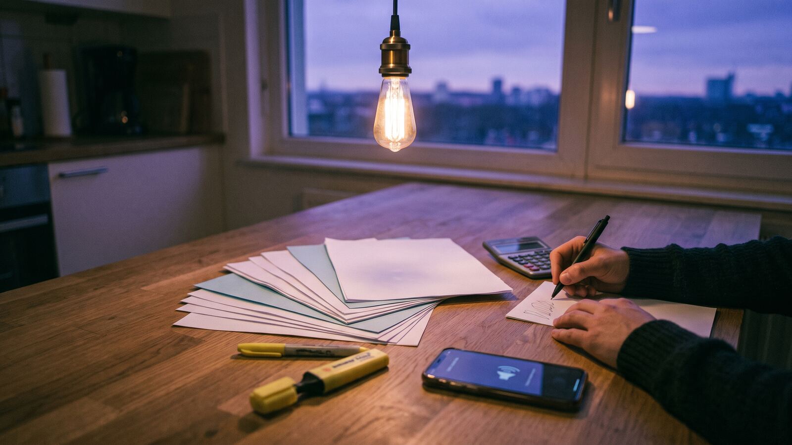 A kitchen table at evening covered with a fanned stack of blank statements, a highlighter, a calculator and a phone, with a hand mid-note.