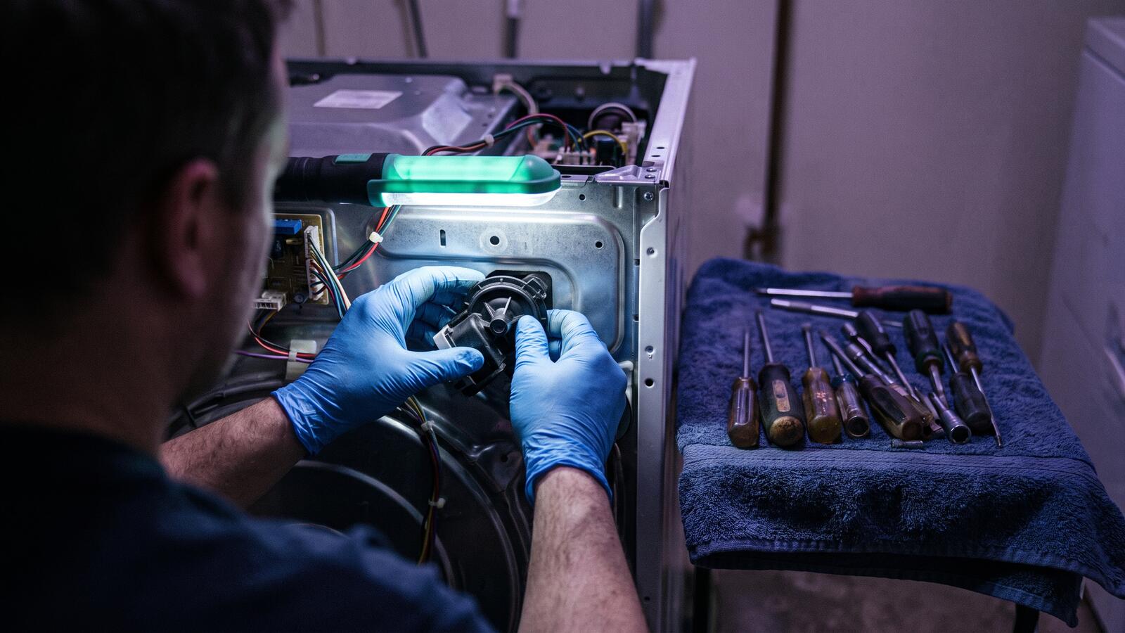 Gloved hands reaching into the opened rear panel of an appliance, a row of screwdrivers laid out on a folded towel, a green work light overhead.