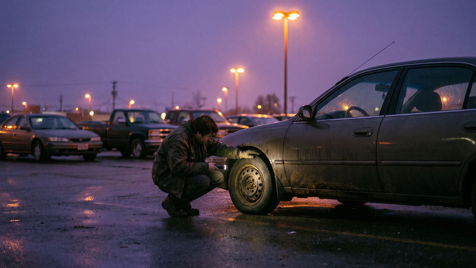 A used-car lot at dusk under sodium lights, one person crouched at a front wheel shining a flashlight along the underside of a sedan.