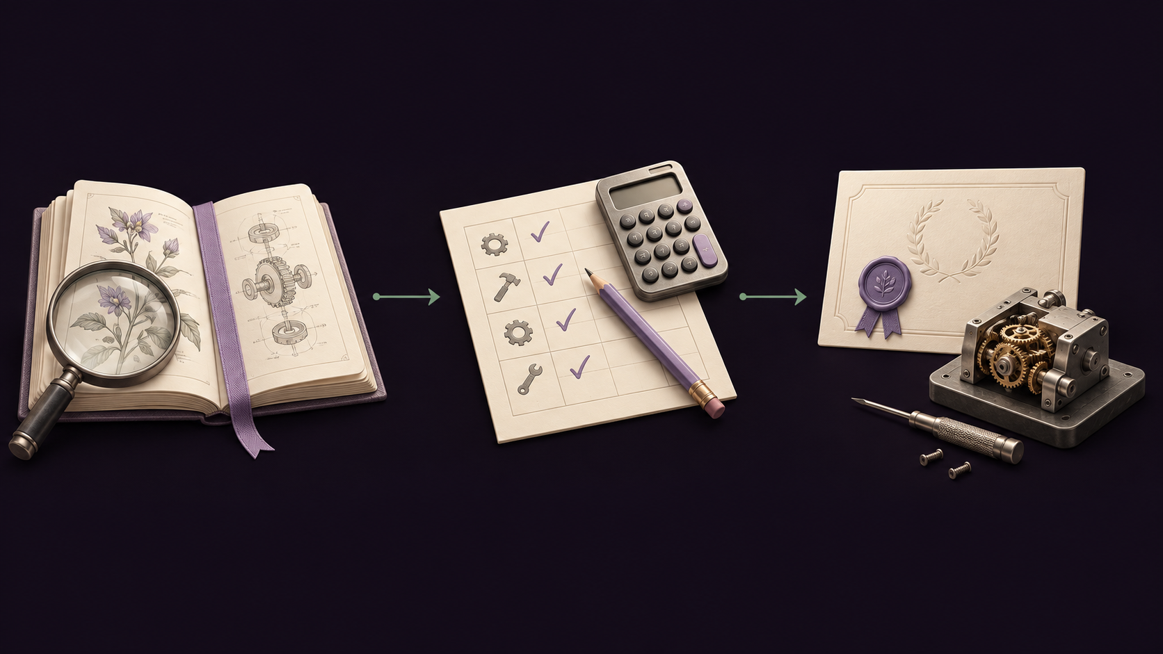 Three illustrated stages connected from left to right: an open lesson book, a worksheet with calculator, and a completed assessment beside a repaired mechanism.