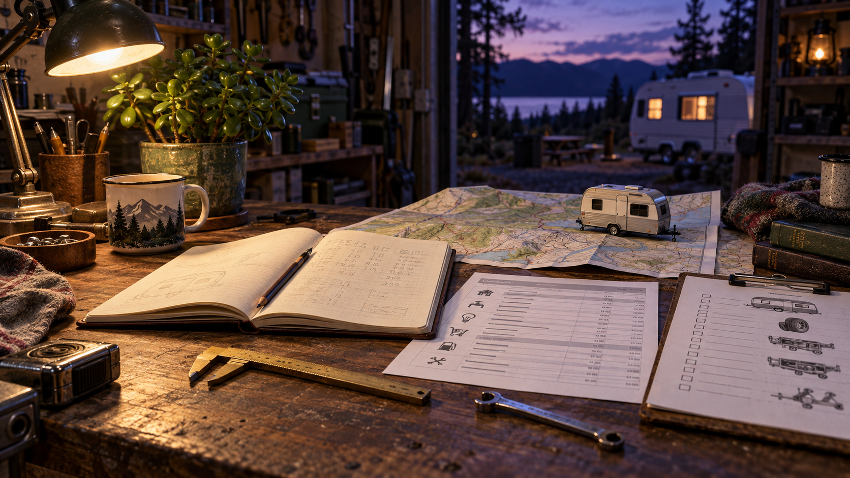An illustrated practical-learning workbench with an open notebook, household worksheets, measuring tools and a miniature travel trailer in warm evening light.
